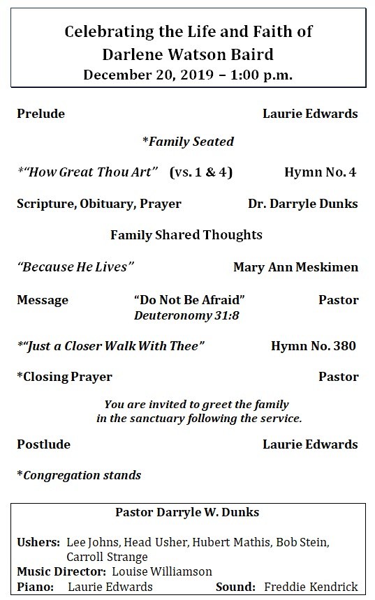 Memorial Service for Darlene Baird (Video)